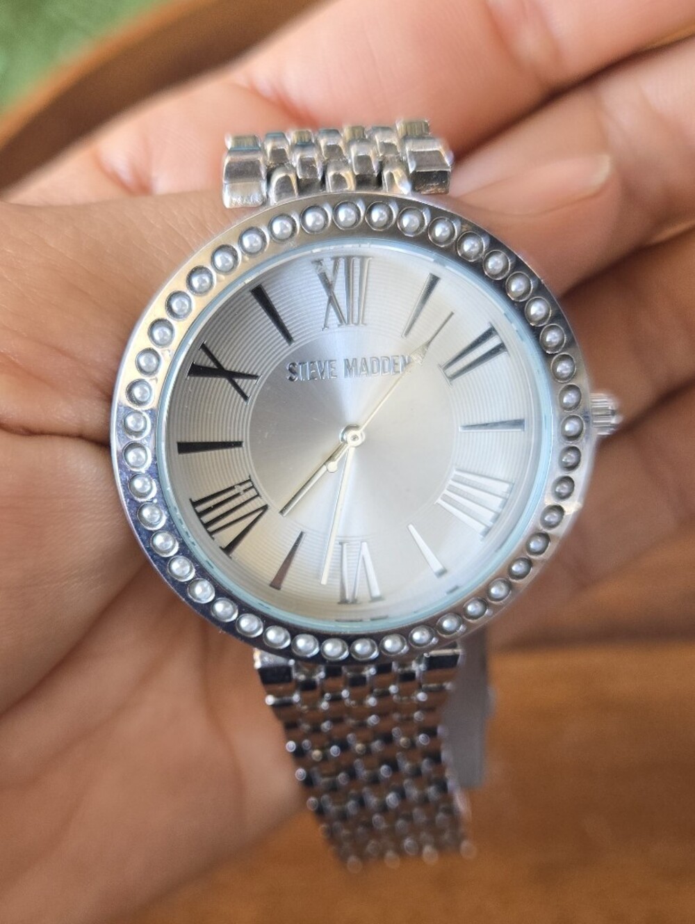 Steve Madden Silver Tone Crystal-Trim Women's Bracelet Watch